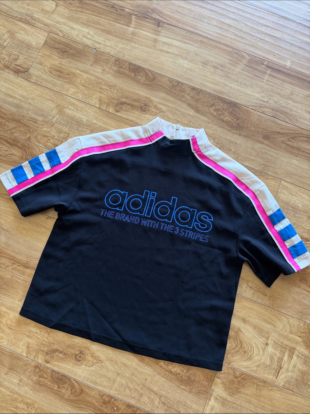 adidas Black Tee with Blue Logo and Pink-Trimmed Cream Shoulder Panels
